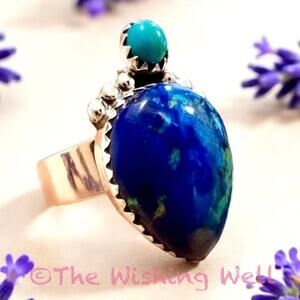 Azurite & Kingman Turquoise Heavy Gauge Southwestern Artisan Ring Adjustable